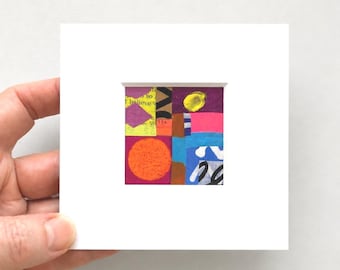 Original Miniature Collage Abstract: Colourful Wall Art, 4"x4" Ready to Frame.