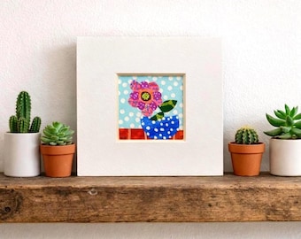Mini Collage Flower Art: 4"x4" Original Wall Art, Colourful Floral Decor.