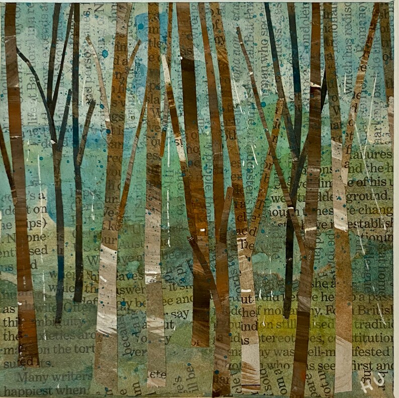 Original Collage Painting Trees Wall Art Small Original Art Etsy