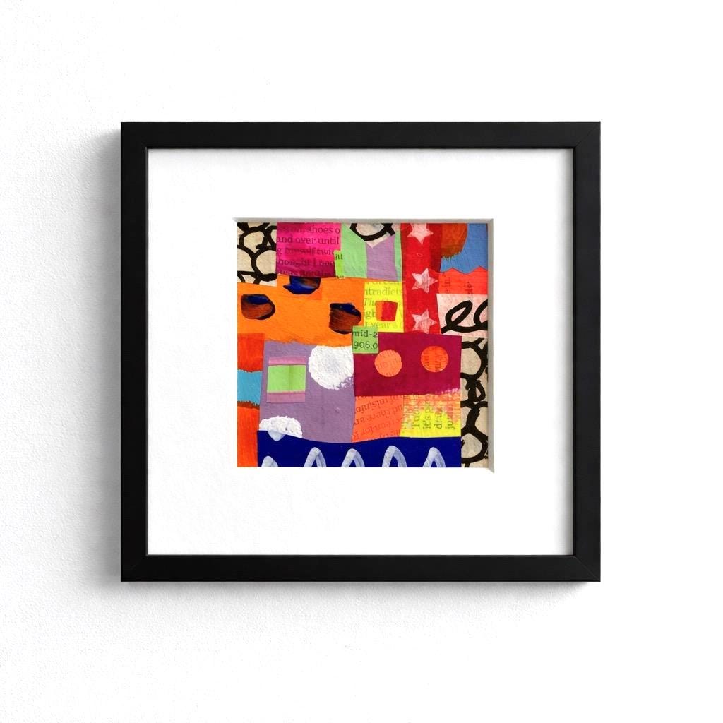 Colourful Collage Abstract Wall Art: 5"x5" Original Artwork, Boho Home Decor.