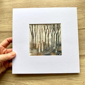 Collage Trees Painting: Original 8"x8" Artwork, Small Neutral Landscape Wall Art.