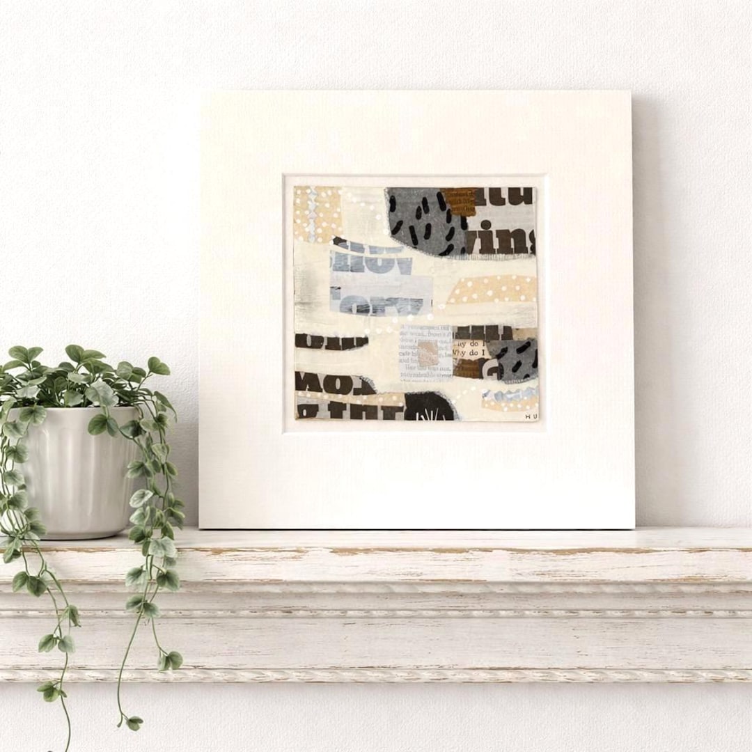 Neutral Abstract Wall Art: 8"x8" Original Collage Artwork, Minimalist