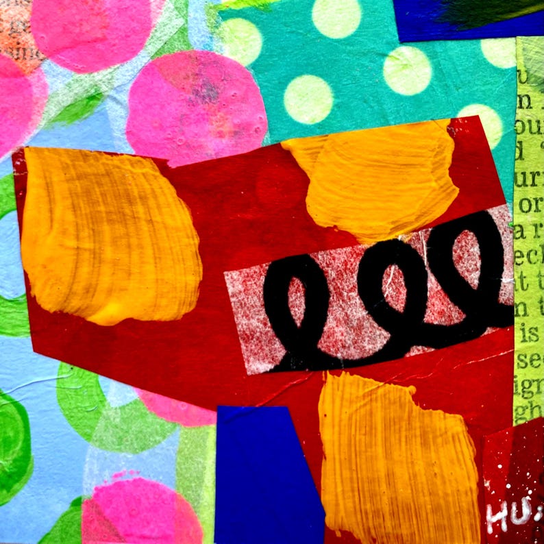 May include: Abstract mixed media artwork with a collage of colorful paper elements. The composition features bright pink circles, yellow brushstrokes, and a red rectangle with black looping shapes. Other colors include blue and green.