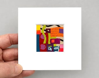 Mini Collage Abstract Wall Art: Tiny Colourful Painting, 4"x4" Original Art.