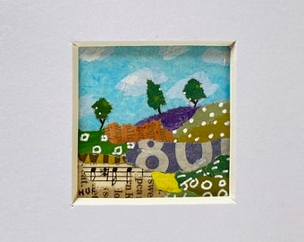 Miniatuur landschapsschilderkunst, originele papieren collagekunst, minimuurkunst, klein handgemaakt cadeau, op de natuur geïnspireerde kunstwerken, 4"x4" originele kunst.