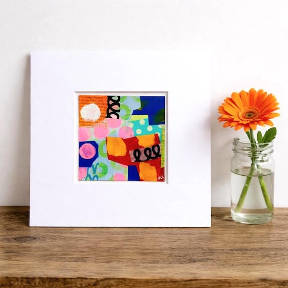 Colourful Small Abstract Wall Art: Original Paper Collage, 8"x8" Artwork.