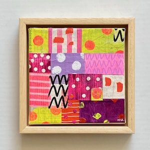 Small colourful abstract painting in frame, original boho wall decor, bright colours mixed media wall art, handmade modern artwork gift.