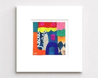 Original Miniature Abstract: Colourful Collage Art, 5"X5" Ready to Frame.