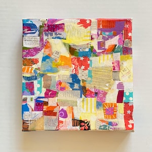 Colourful collage abstract on canvas, small mixed media artwork, handmade modern art gift for contemporary home, quirky original home decor.