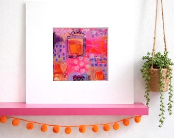Small Colourful Abstract Painting: Original 8"x8" Wall Art, Pink Boho Wall Decor.