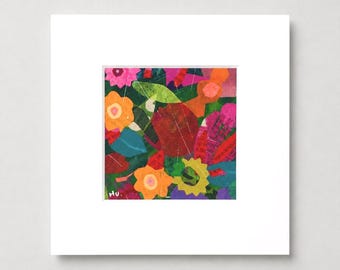 Original Collage Flowers Artwork: Small Floral Wall Decor,  5"x5" Ready to Frame.
