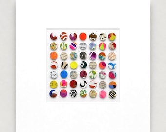Original Collage Circles Painting: Unique Modern Artwork, 9"x9" Wall Art.