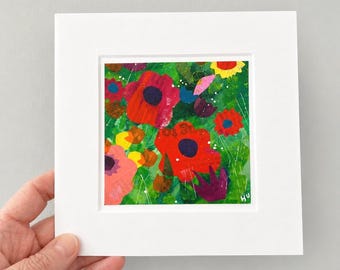 Small Original Collage Flower Art: Unique Wall Decor, 6"x6" Ready to Frame.