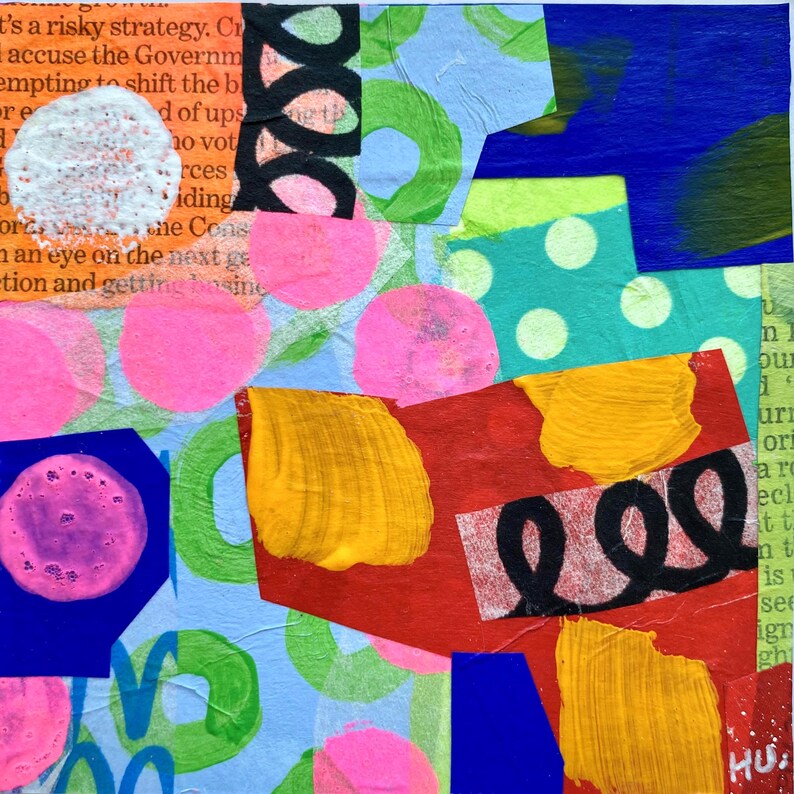 Colourful Small Abstract Wall Art: Original Paper Collage, 8"x8" Artwork. image 8