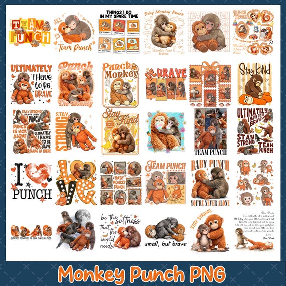 Punch Baby Monkey PNG Bundle, Viral Emotional Plush Monkey PNG, Lonely Cute Monkey Graphic, Dear Punch Inspired Design, Digital Download