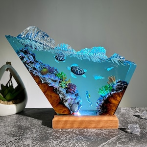 Two turtles and scuba diver resin lamp, table decor lamp, ocean resin gift for him, gift for her, best handmade gifts