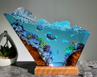 Two turtles and scuba diver resin lamp, table decor lamp, ocean resin gift for him, gift for her, best handmade gifts