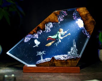 Diorama Wizard Boy Flying lamp, Magic Castle, Halloween gift, Unique Monster, Resin Night light, gifts for son