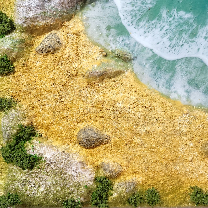 May include: A close-up of a miniature beach scene with a sandy shore, green foliage, and a turquoise blue ocean with white foamy waves.