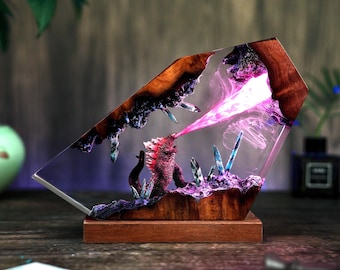Lámpara de madera de resina Diorama King Monster, lámpara hecha a mano Go.dzil.la, Tierra dentro de la Tierra, Monstruo único, luz de noche de resina, regalos para él