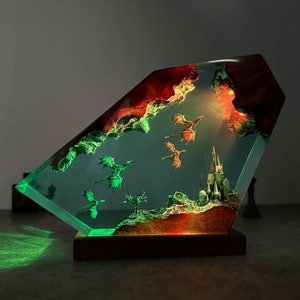 Ice dragon and Fire dragon lamp, Dragonfly in the ancient castle night light, handmade gift