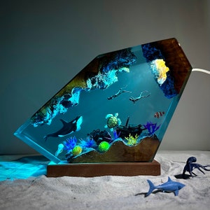 Orca and Turtle resin lamp, custom resin night light, personalized gift, ocean wooden