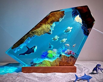 Orca, Turtles and Ray resin lamp, custom resin night light, personalized gift, ocean wooden