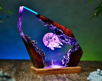 Handgemachte Space Galaxy Lampe, Harz und Holz, Space Night Lights, Epoxy Nachtlampe für Raumschiffe, Interstellare Harzlampe, Weihnachten