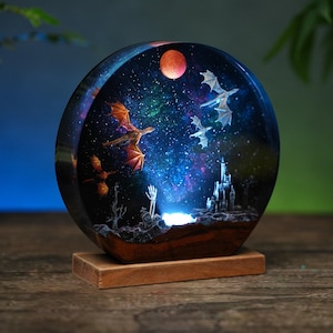 Handmade Dragon Resin Wood Night Light, Ice & Fire Dragon Lamp- Gift for Him, birthday gift, unique lamp, epoxy resin lamp, custom lamp
