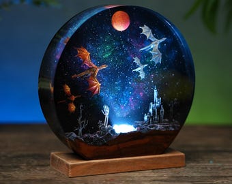 Lampada da notte in legno e resina di drago fatta a mano, lampada con drago di ghiaccio e fuoco - Regalo per lui, regalo di compleanno, lampada unica, lampada in resina epossidica, lampada personalizzata
