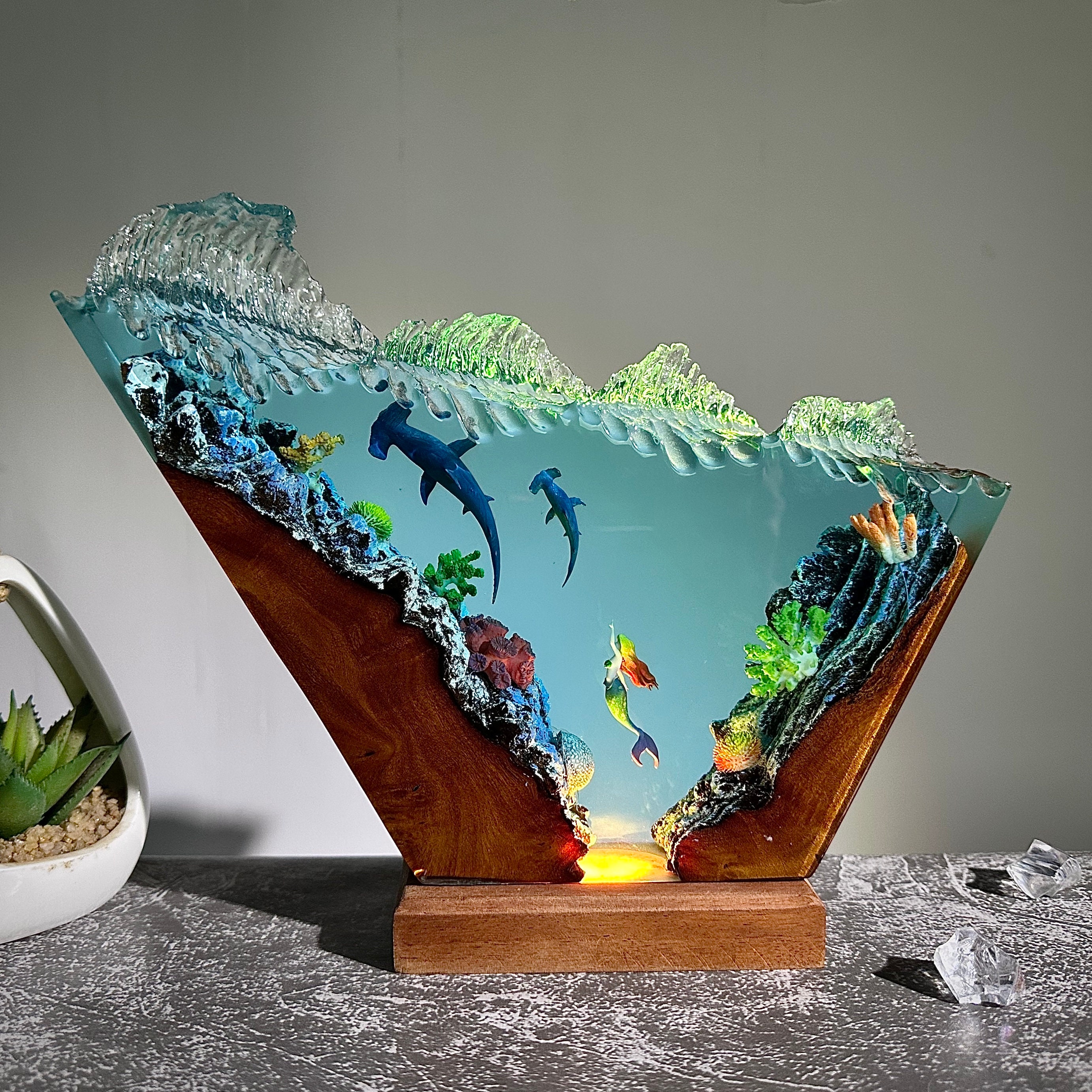 Hammerhead sharks and mermaid resin lamp, table decor lamp, ocean resin, gift for him, gift for her, custom resin gifts