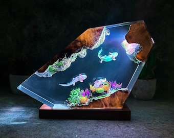 Axolotl resin lamp, custom resin night light, personalized gift, ocean wooden, Christmas gift for kid