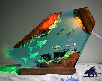 Great White Shark and Couple diver resin night light, ocean resin night light, custom lamp, unique resin gift, birthday gift