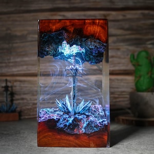 Puede incluir: Una espada plateada est&aacute; encapsulada en resina transparente con remolinos azules y morados. La resina est&aacute; colocada en una base de madera con un acabado marr&oacute;n oscuro.