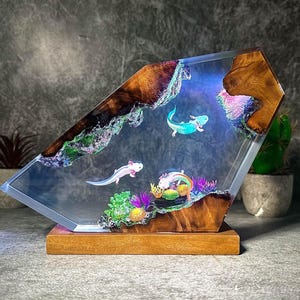 Axolotl resin night light, custom resin epoxy lamp, personalized gift, ocean wooden, Christmas gift for kid