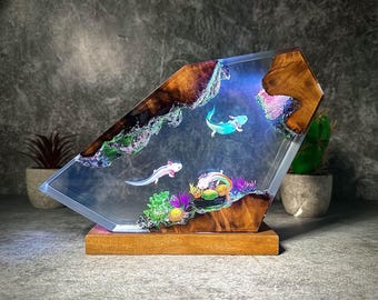 Axolotl-nachtlampje van hars, aangepaste hars epoxylamp, gepersonaliseerd cadeau, oceaanhout, kerstcadeau voor kind