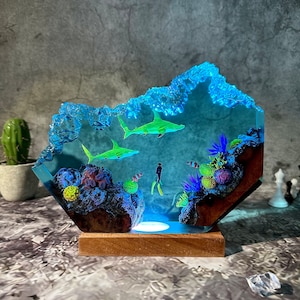 Hammerhead sharks and scuba diver resin lamp, desk decor lamp, ocean resin night light, custom resin gifts, home decor