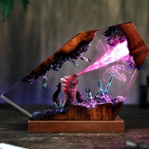 Diorama King Monster resin wooden lamp, Go.dzil.la Handmade Lamp, Land Inside the Earth, Unique Monster, Resin Night light, gifts for him