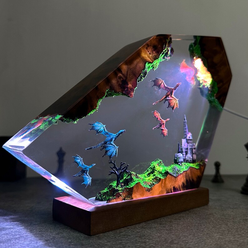 Dragons fly in the ancient castle resin night light, Ice and Fire dragon lamp, gift for him, gift for her, diorama resin epoxy