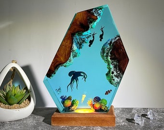 Octopus and couple divers epoxy lamp, resin art lamp, handmade gift, gift for him, Father's day