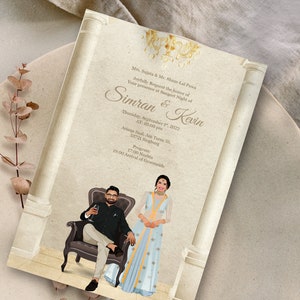 Sangeet bruiloft uitnodiging met paar portret, aangepaste illustratie, aangepaste Indiase bruiloft kaart, trouwdag kaart, gepersonaliseerde kaarten