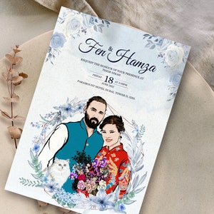 Florale Hochzeitskarte mit Paar Porträt, benutzerdefinierte Hochzeitskarte, Braut und Bräutigam Illustration, elegante Hochzeitskarte, digitales Porträt