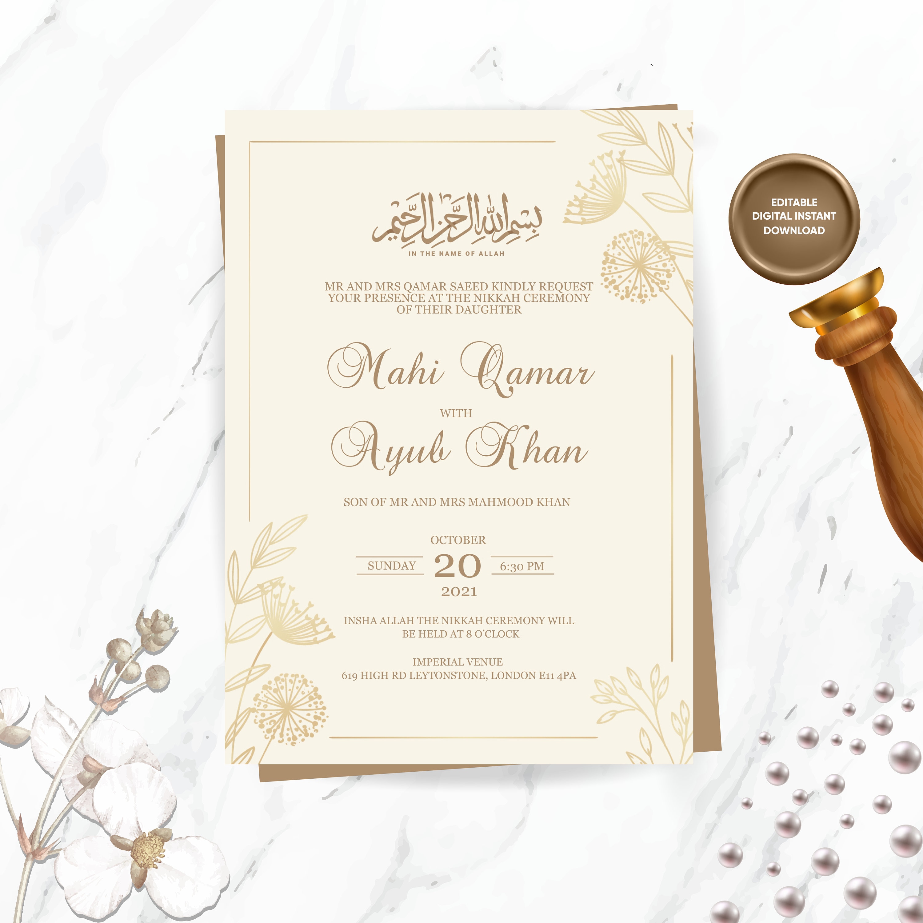 Editable Nikkah Wedding Invitation Floral Frame Islamic 