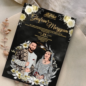 Muslimische Einladung mit Paar Illustration, Nikkah Hochzeitseinladung, Islamische Hochzeitseinladung, Benutzerdefinierte Hochzeitskarte, Digitales Porträt