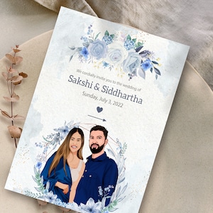 Cartão de casamento indiano, retrato de foto, ilustração personalizada de noiva e noivo, cartão de casamento hindu, cartão de casamento indiano personalizado, presente de casamento