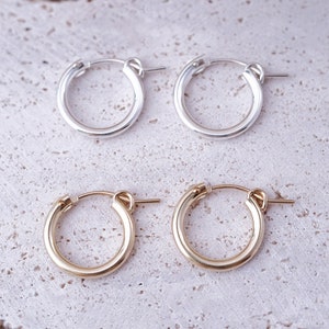 14K Gold Filled Hoop Earrings, Huggie Hoop Earrings, Silver Earrings, Classic Chic Earrings, Waterproof Earrings, Light-Weight, 13mm, 15mm
