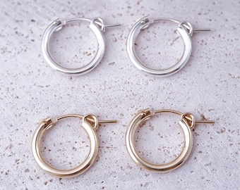 14K Gold Filled Hoop Earrings, Huggie Hoop Earrings, Silver Earrings, Classic Chic Earrings, Waterproof Earrings, Light-Weight, 13mm, 15mm