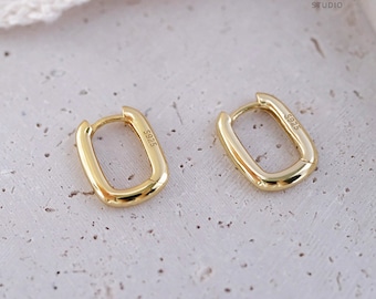 U Shape Huggie Hoop Earrings, Gold Rectangle Huggie Hoops, Silver Square Huggie Hoops Earrings, Small Smooth Hoops, Minimalist Oval Hoops