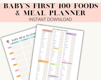 May include: A printable baby food tracker and meal planner. The planner includes a weekly meal planner with columns for breakfast, lunch, and dinner. The second page lists 100 foods for babies, categorized by food groups, with checkboxes to track which foods have been introduced.