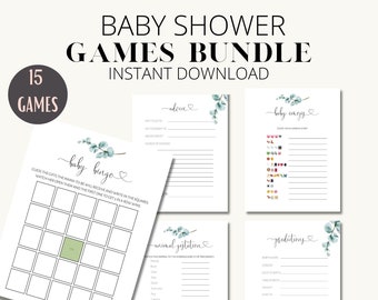 Baby shower games bundle, printable baby shower activities, green eucalyptus baby shower printable activities